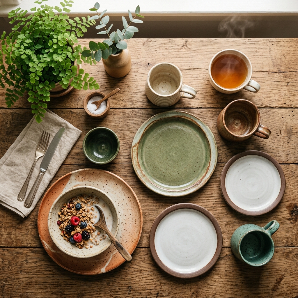 Mesa servida con platos y bowls de cerámica hechos a mano