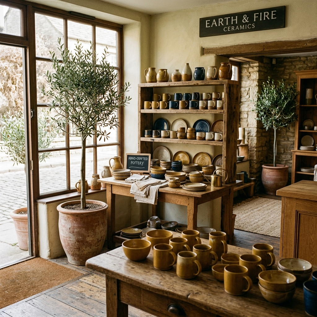 Interior de la tienda BasKula con estantes de madera y luz cálida