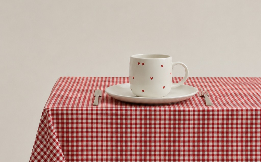 Taza blanca con corazones rojos en mesa con mantel a cuadros de BasKula
