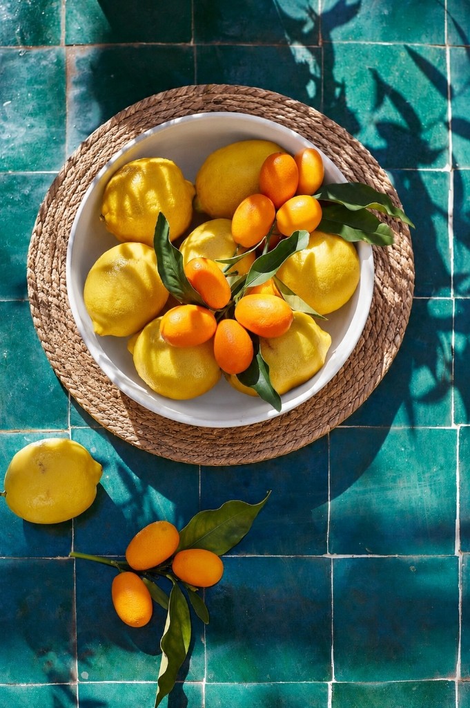 Bowl de cerámica blanca con limones sobre azulejos turquesas de BasKula