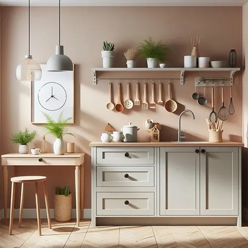 Cocina moderna y minimalista con estantes y vajilla de BasKula