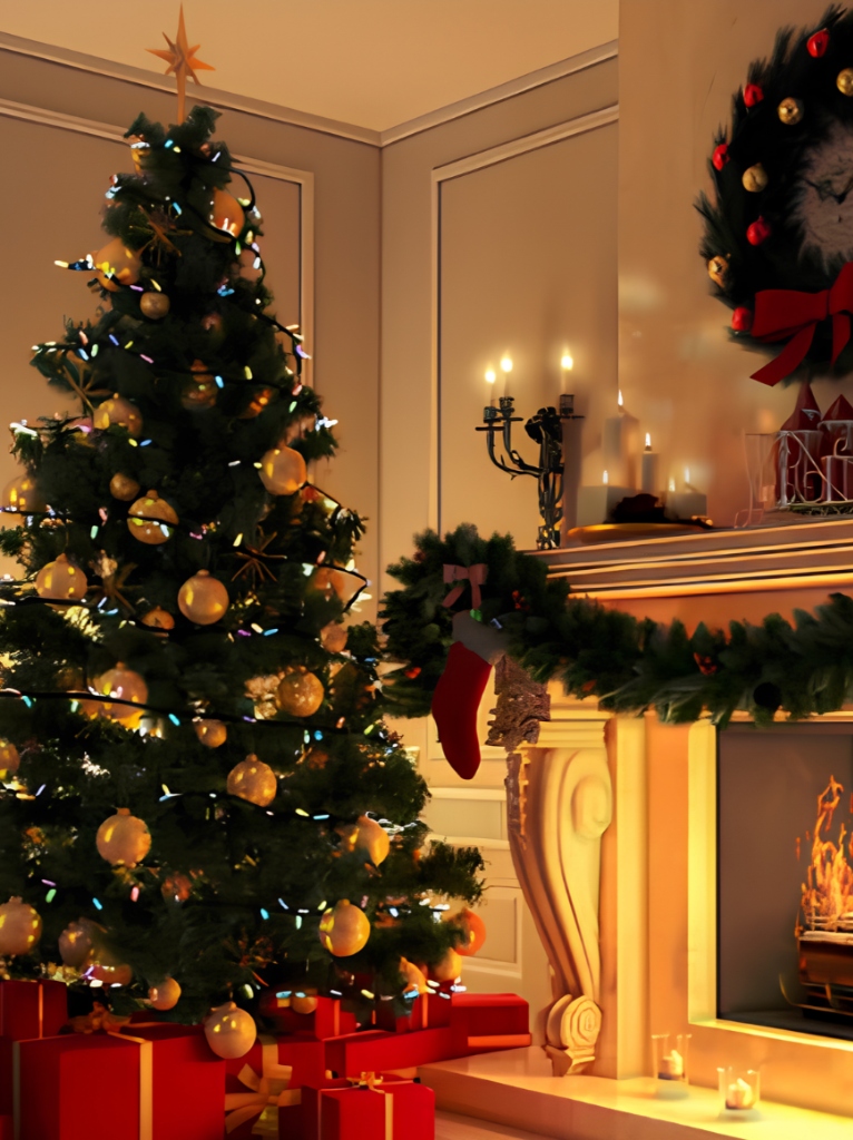 Árbol de Navidad decorado junto a chimenea encendida y regalos